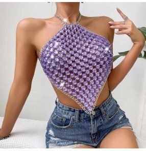 Purple rhinestones shiny jazz dance vest tops for women female gogo dancers dj ds Sexy pole hot dance bra tie up neck tops